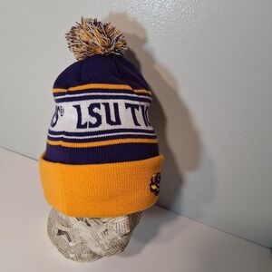 LSU Tigers beanie with purple, white, and gold stripes